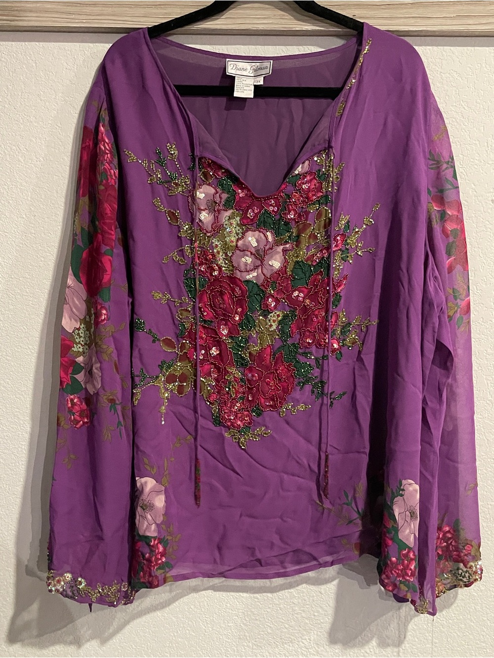 Diane Gilman Purple Floral Beaded Tie-Neck Tunic Top